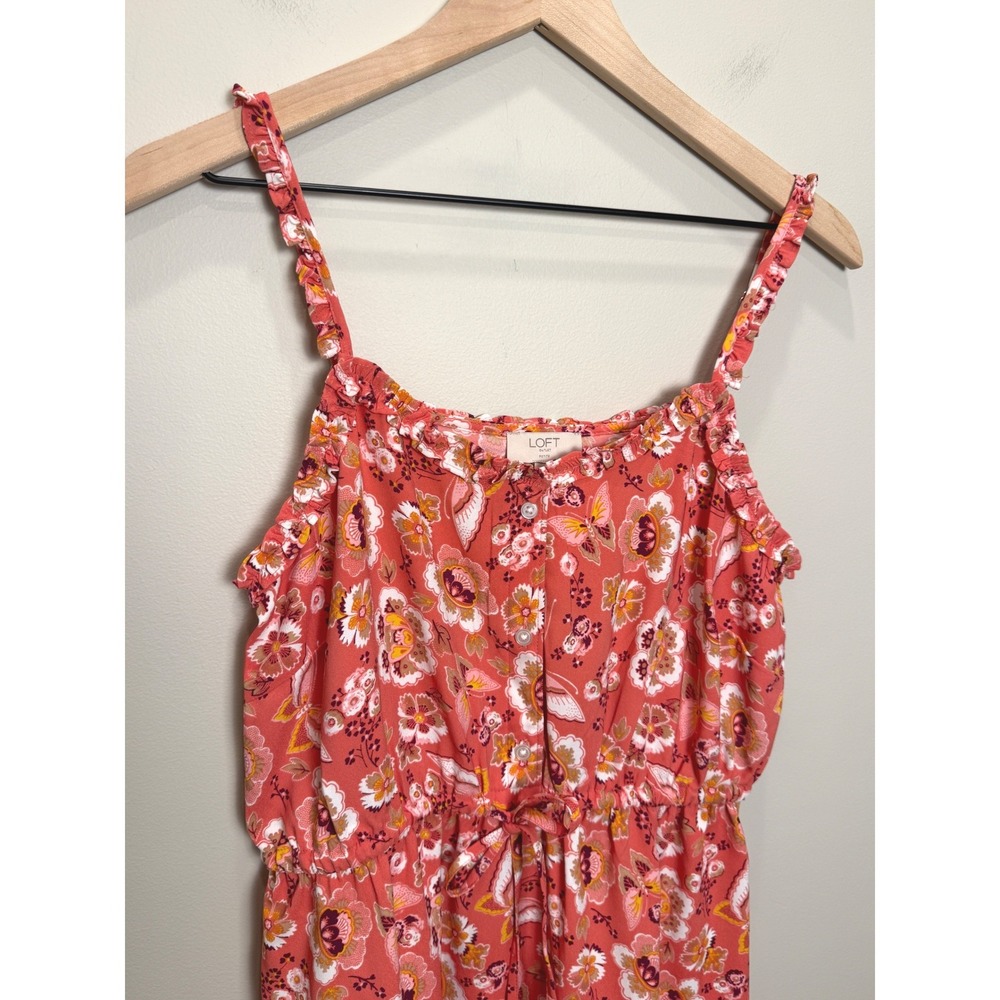 Loft Outlet 6 Petite Midi Sun Dress Coral Pink Butterfly Floral Ruffle Garden - Picture 3 of 9